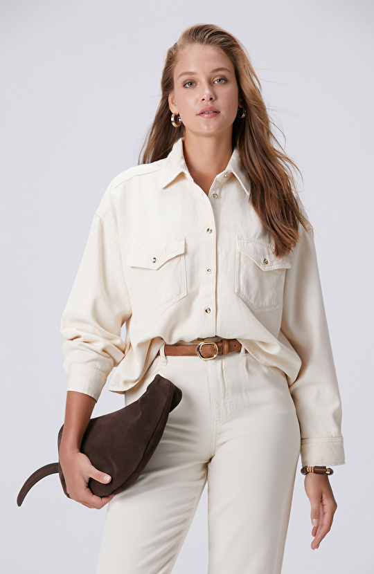 Kırık Beyaz Tencel Karışımlı Denim Gömlek