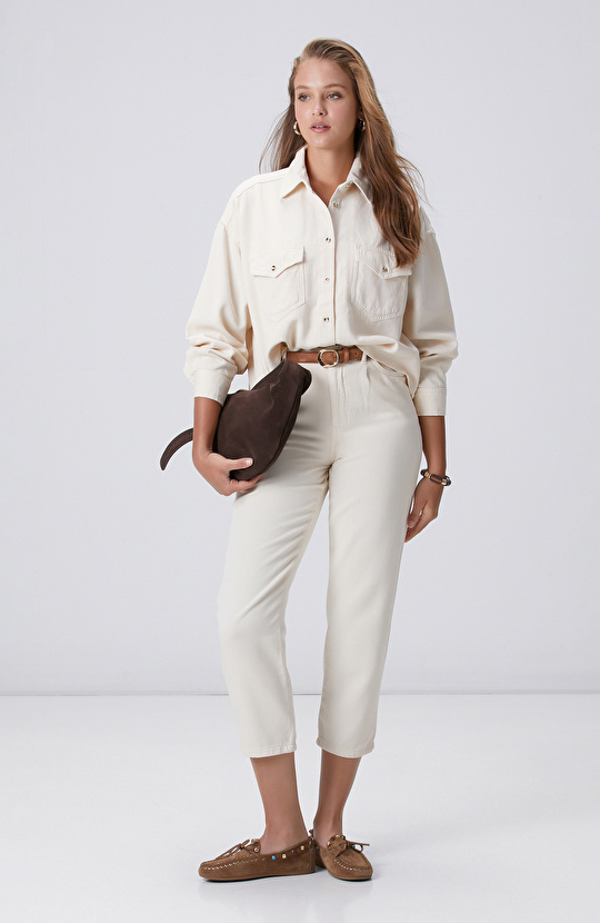 Kırık Beyaz Tencel Karışımlı Denim Gömlek