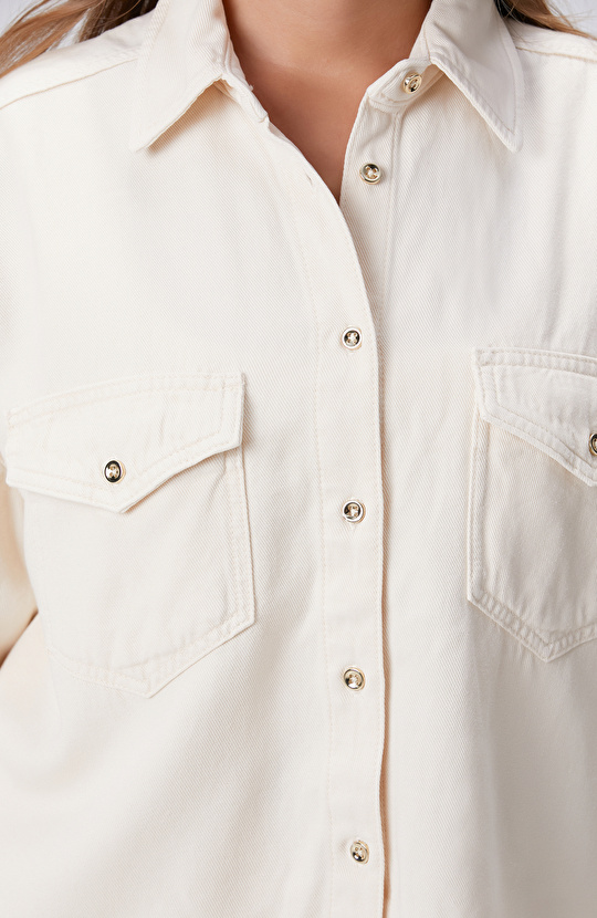 Kırık Beyaz Tencel Karışımlı Denim Gömlek