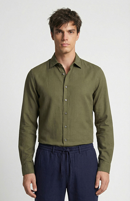 Haki Keten Karışımlı Gömlek