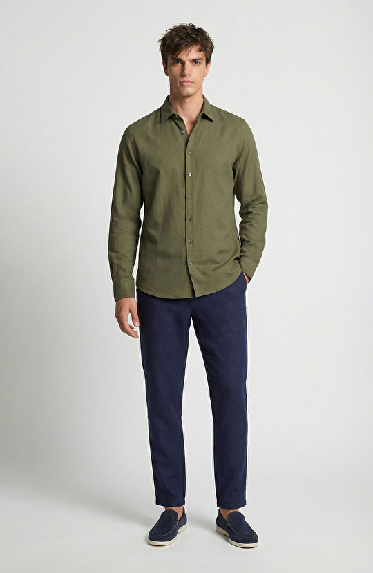 Haki Keten Karışımlı Gömlek