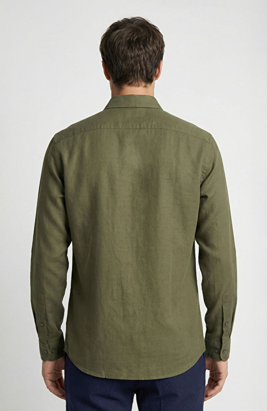 Haki Keten Karışımlı Gömlek