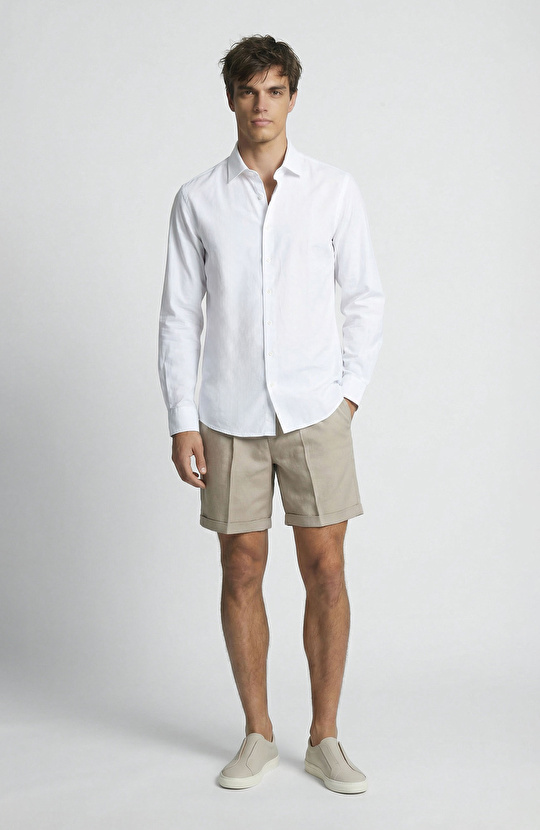 Beyaz Keten Karışımlı Gömlek