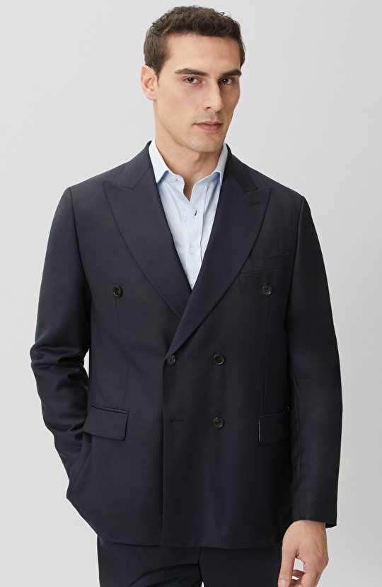 Lacivert Çift Pileli Yün Takım Elbise