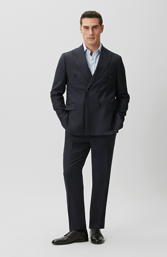 Lacivert Çift Pileli Yün Takım Elbise