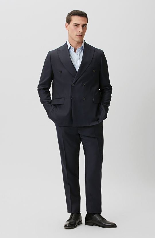 Lacivert Çift Pileli Yün Takım Elbise