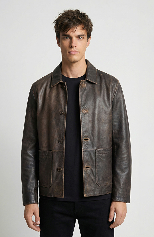 Kahverengi Eskitme Deri Ceket