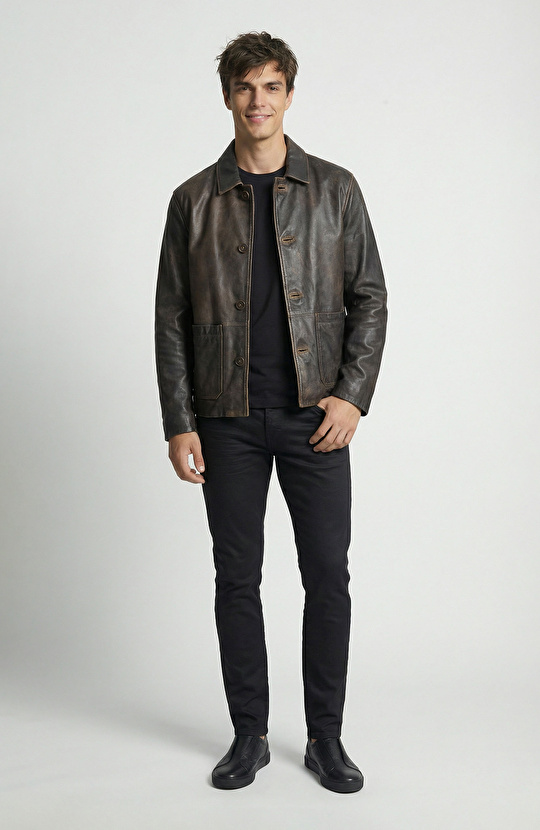 Kahverengi Eskitme Deri Ceket