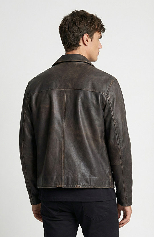 Kahverengi Eskitme Deri Ceket