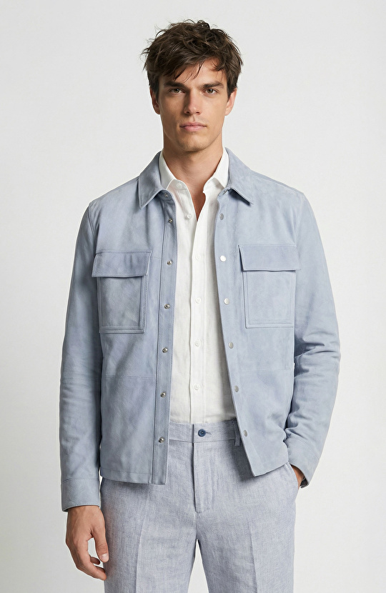 Blue Snap Suede Leather Jacket
