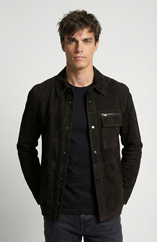 Siyah Çıtçıtlı Süet Deri Mont