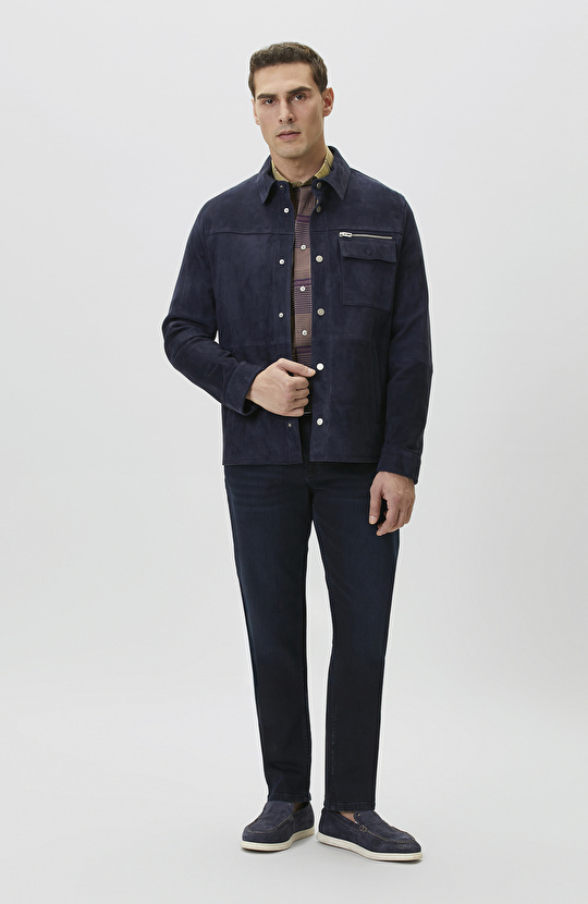 Lacivert Çıtçıtlı Süet Deri Mont