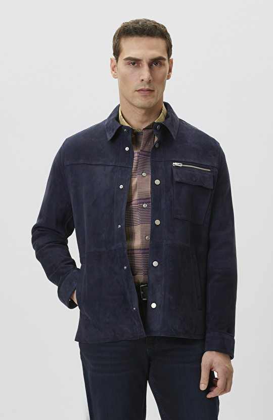 Lacivert Çıtçıtlı Süet Deri Mont