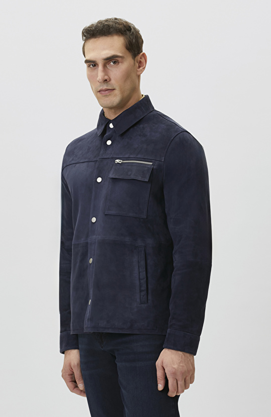 Lacivert Çıtçıtlı Süet Deri Mont