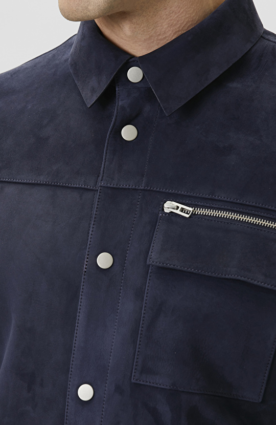 Lacivert Çıtçıtlı Süet Deri Mont