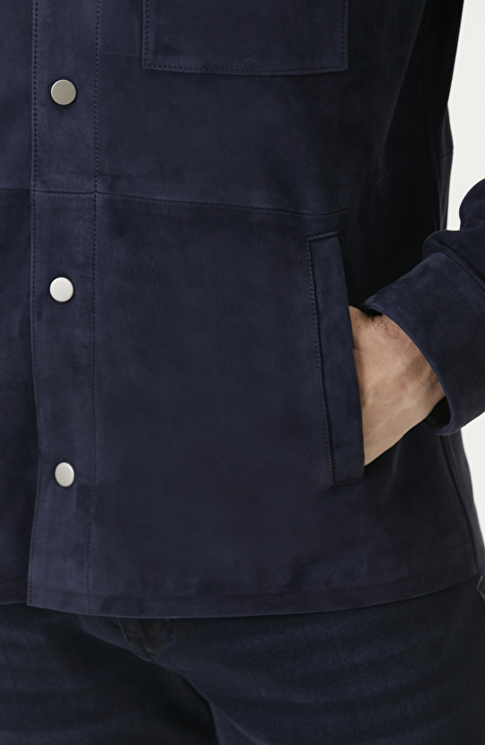 Lacivert Çıtçıtlı Süet Deri Mont