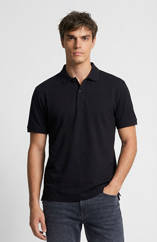 Siyah Polo Yaka Pike T-shirt