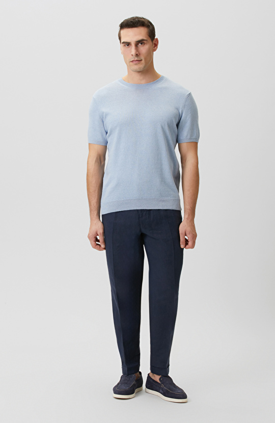 Mavi Keten Karışımlı Triko Kazak