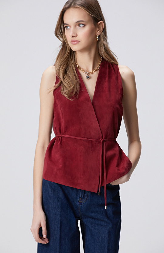 Vişne Deri Süet Yelek