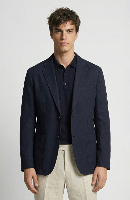 Lacivert Keten Karışımlı Ceket