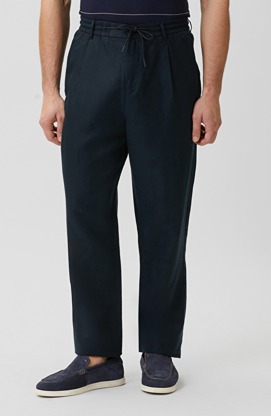 Lacivert Tek Pileli Keten Karışımlı Pantolon