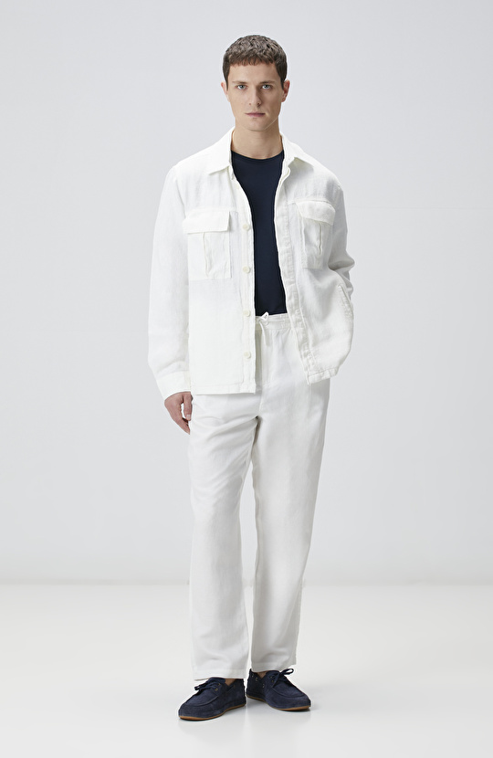 Ekru Tek Pileli Keten Karışımlı Pantolon