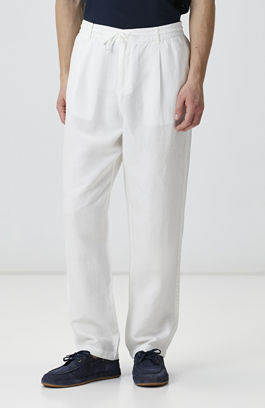 Ekru Tek Pileli Keten Karışımlı Pantolon