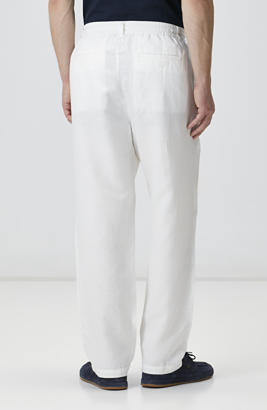 Ekru Tek Pileli Keten Karışımlı Pantolon