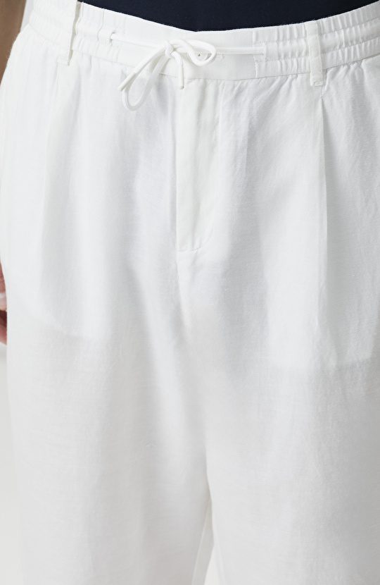 Ekru Tek Pileli Keten Karışımlı Pantolon