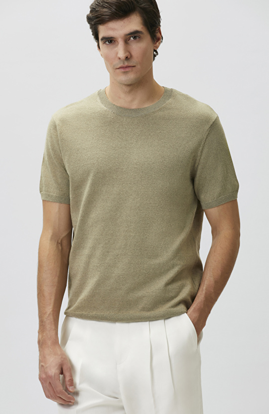 Slim Fit Açık Haki Keten Karışımlı Kazak