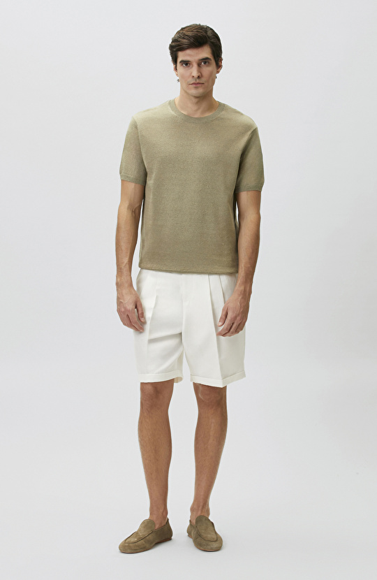 Slim Fit Açık Haki Keten Karışımlı Kazak