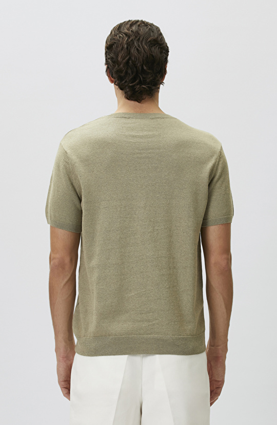 Slim Fit Açık Haki Keten Karışımlı Kazak