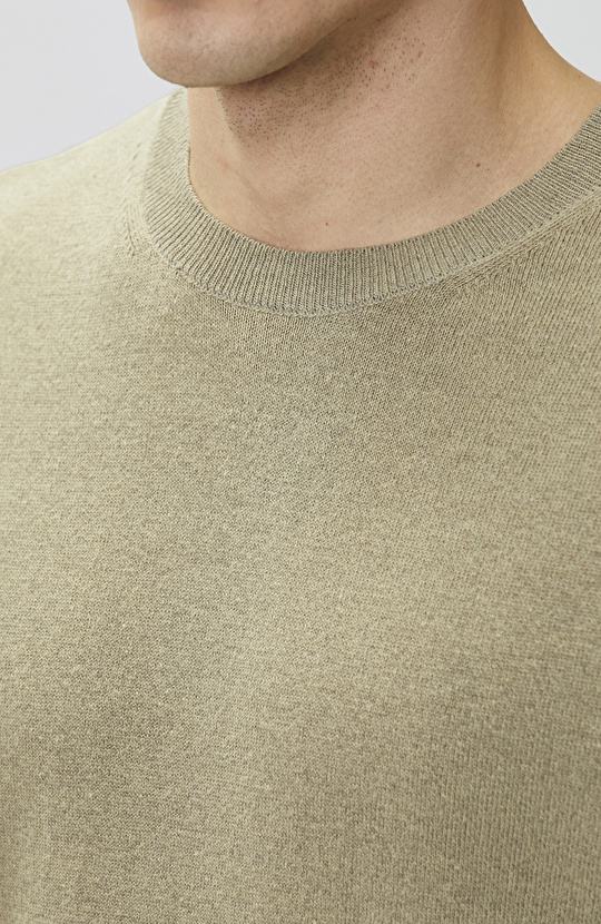 Slim Fit Açık Haki Keten Karışımlı Kazak