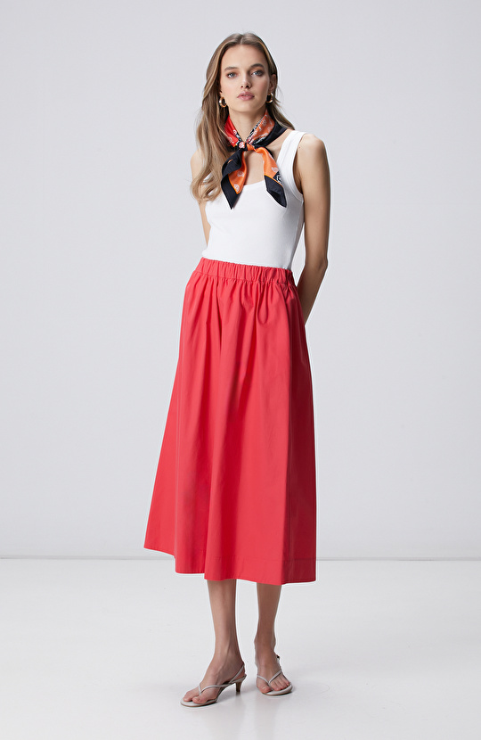 Nar Çiçeği Beli Lastikli Midi Poplin Etek