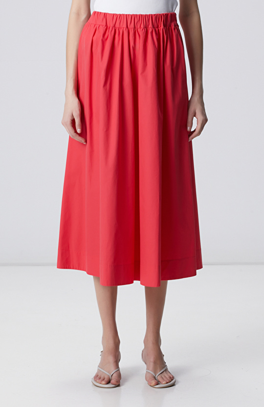 Nar Çiçeği Beli Lastikli Midi Poplin Etek