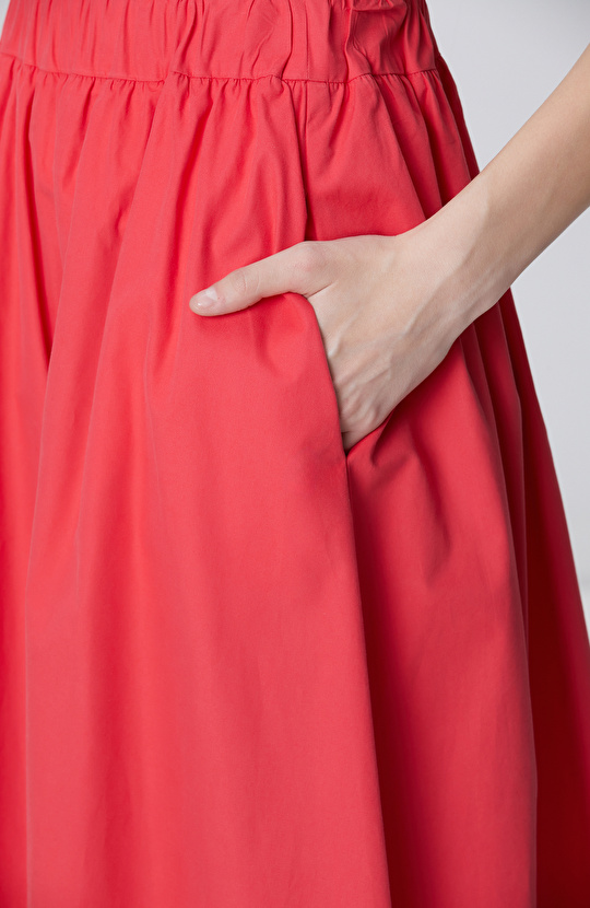 Nar Çiçeği Beli Lastikli Midi Poplin Etek