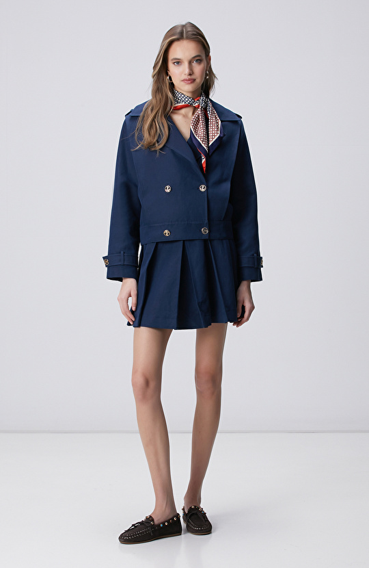 Navy Blue Pleated Linen Blend Mini Skirt