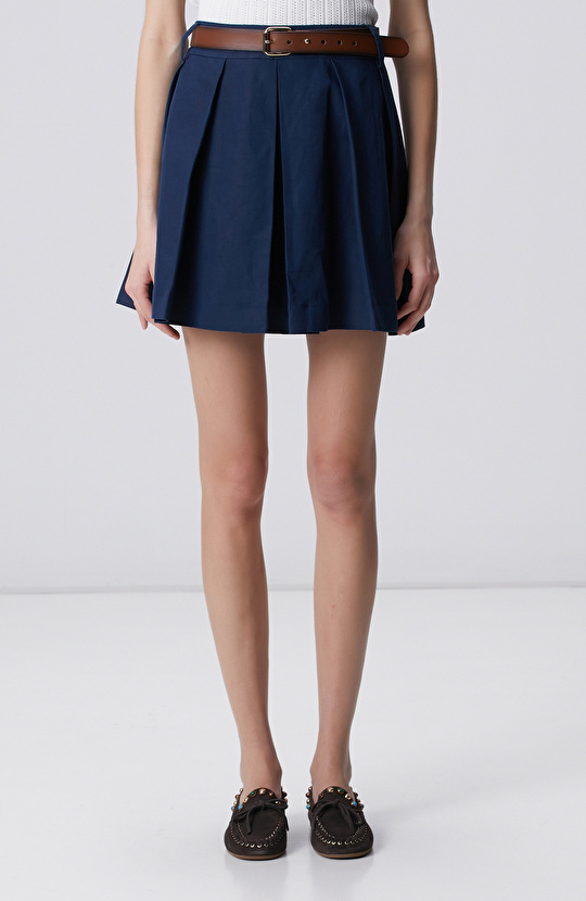 Navy Blue Pleated Linen Blend Mini Skirt