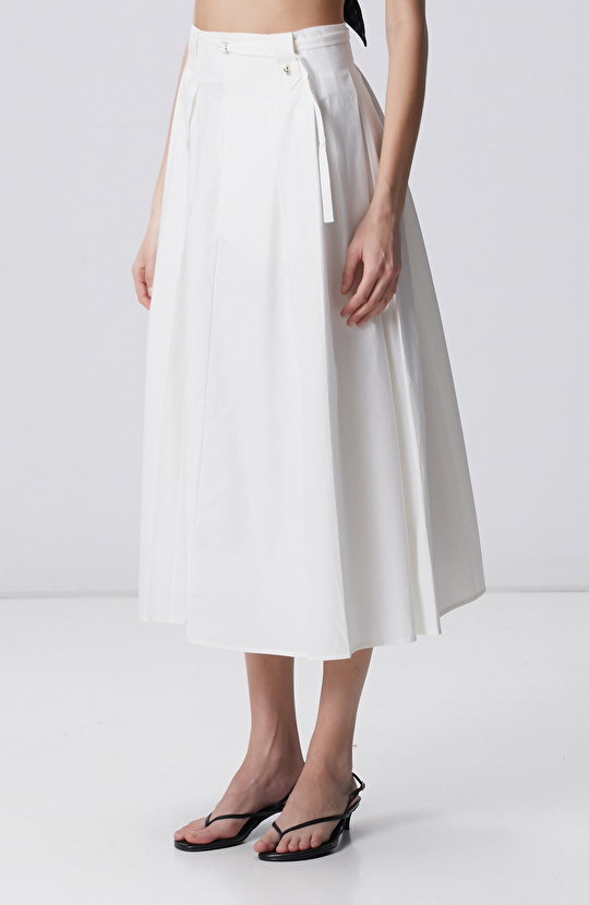 Beyaz Pilili Midi Poplin Etek