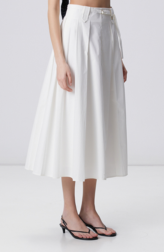 Beyaz Pilili Midi Poplin Etek