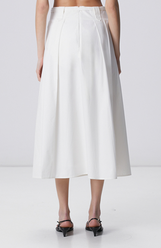 Beyaz Pilili Midi Poplin Etek
