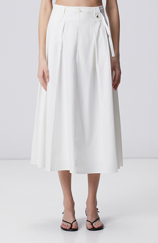 Beyaz Pilili Midi Poplin Etek