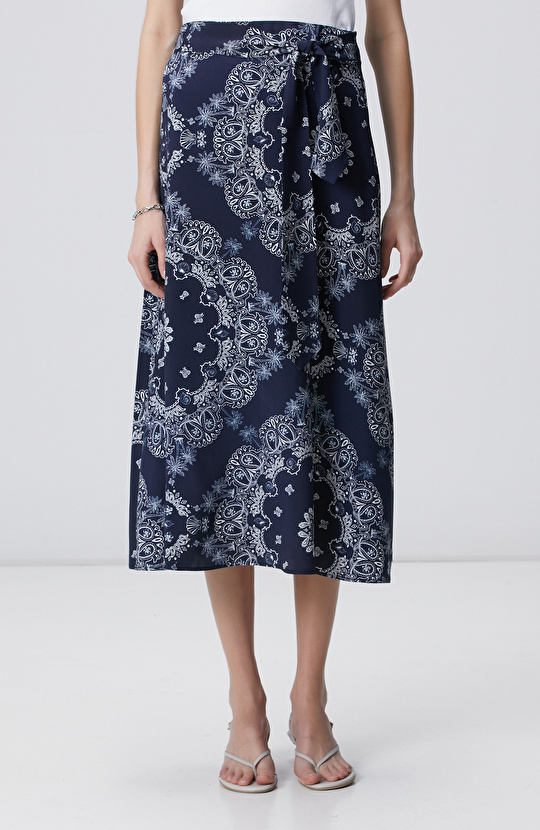 Lacivert Desenli Midi Etek