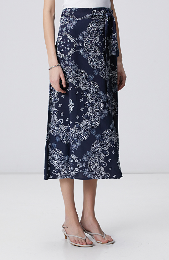 Lacivert Desenli Midi Etek