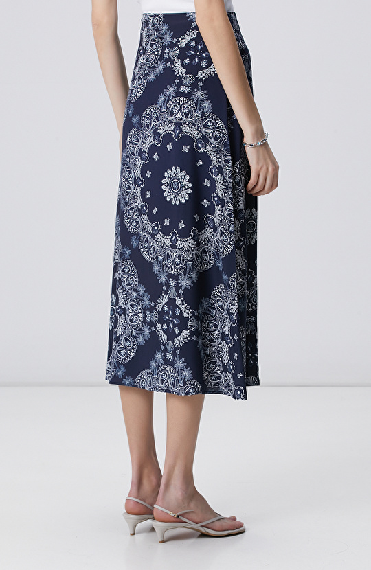 Lacivert Desenli Midi Etek