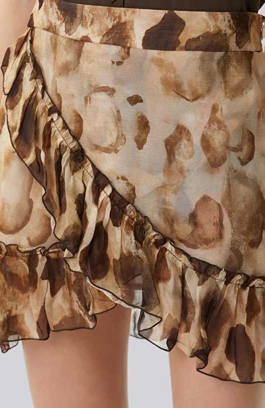 Kahverengi İpek Karışımlı Volanlı Mini Etek