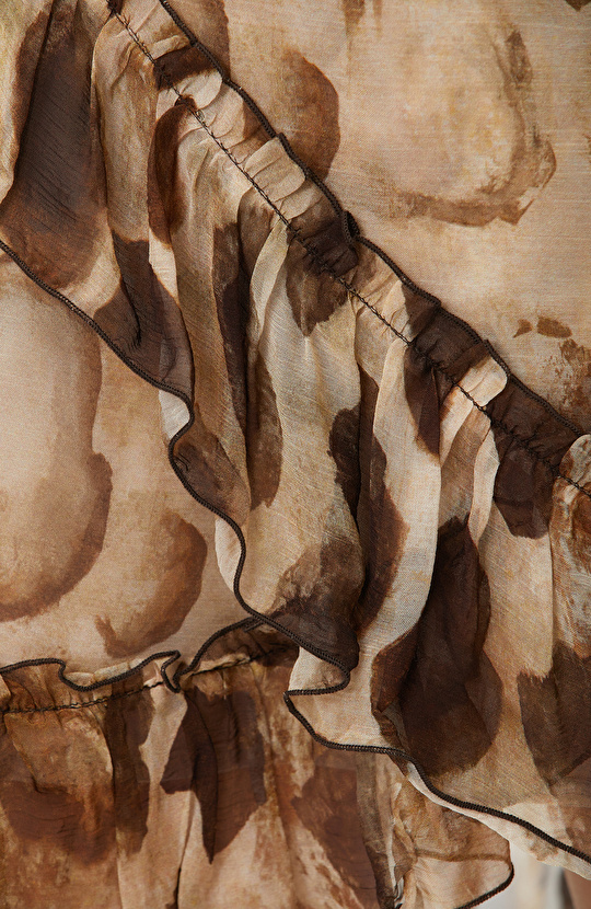 Kahverengi İpek Karışımlı Volanlı Mini Etek