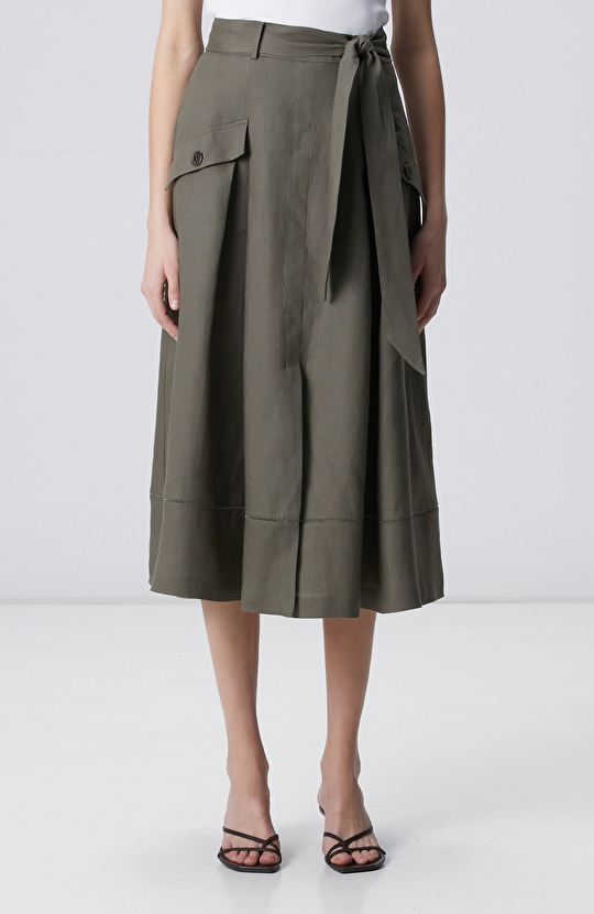 Haki Midi Keten Etek