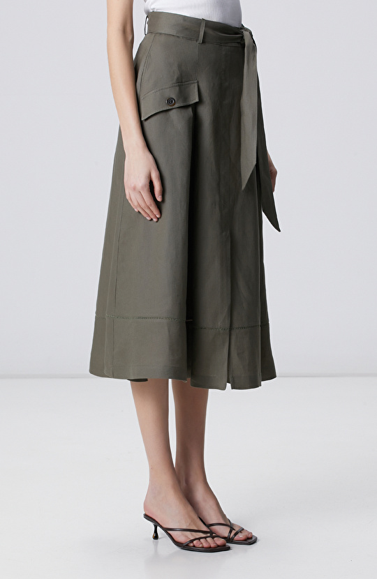 Haki Midi Keten Etek