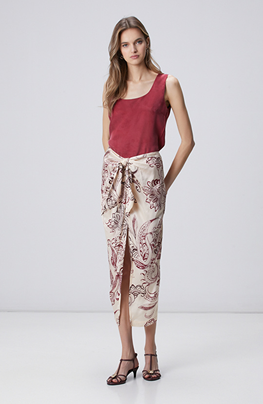 Vişne Şal Desenli Midi Etek